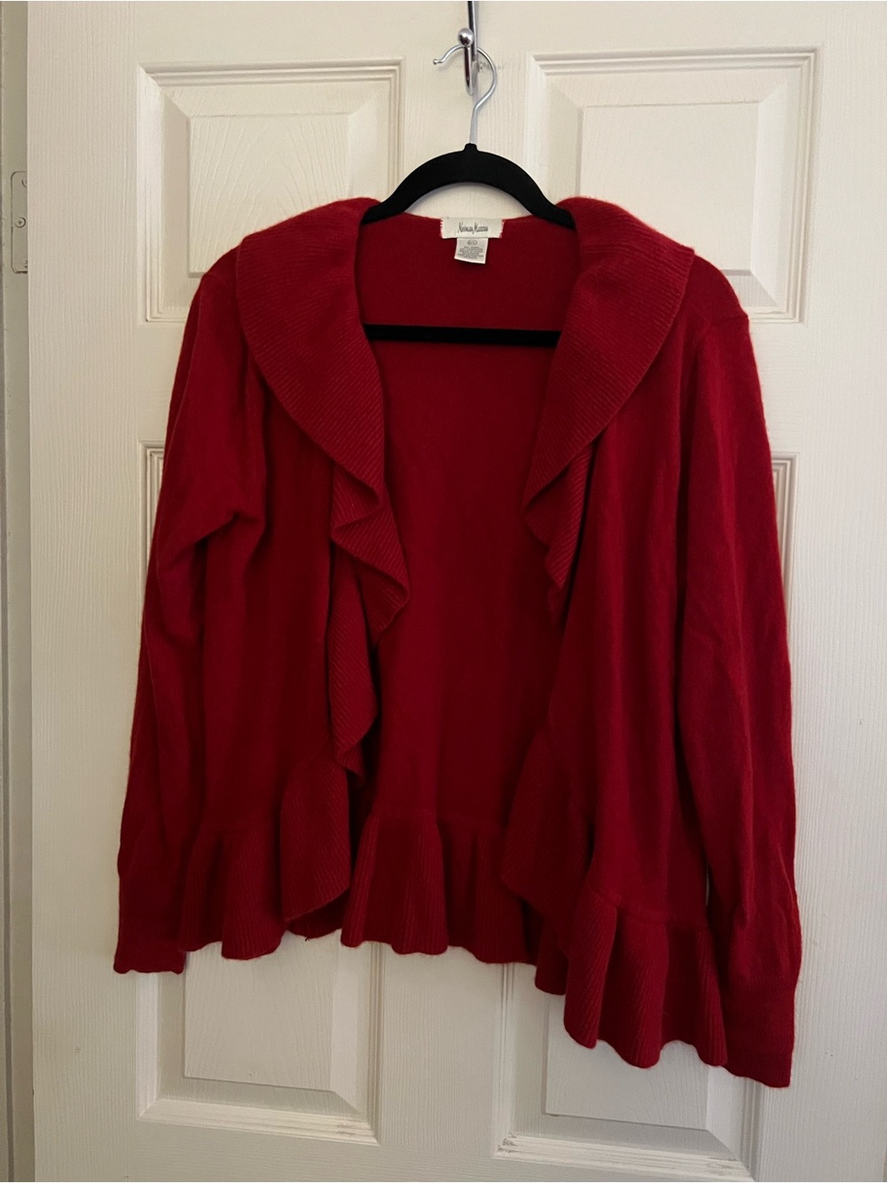 Neiman Marcus Size M/L Red Ruffle-Trim Open Cardigan Wool Cashmere Blend Exc Con